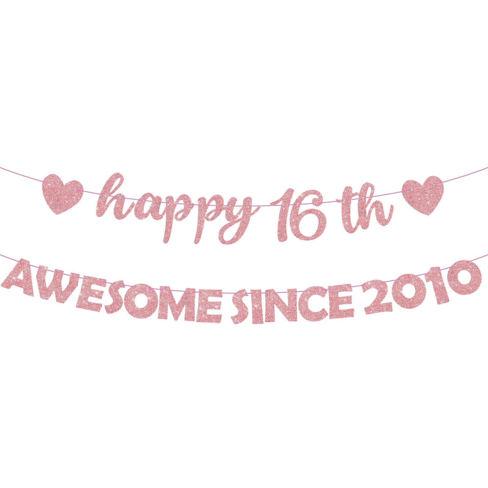 BLMHTWO Pre-Strung Happy 16th Awesome Since 2010 Banner, Happy Sweet 16th Birthday Party Decorations Banner Sign Pink Rose Gold Glitter Party Supplies for Sixteen Years Old Girls