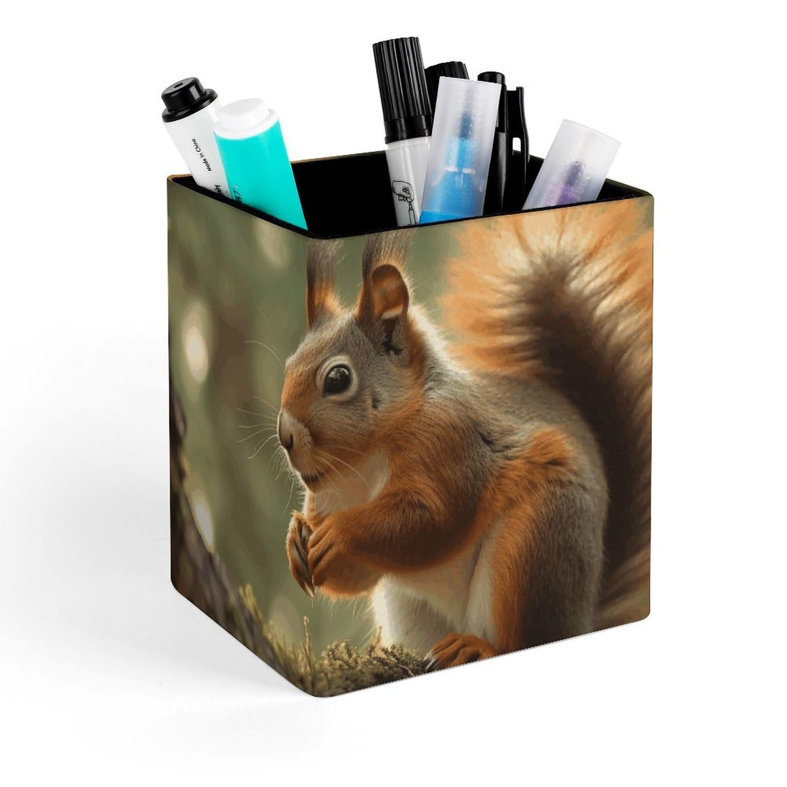 DWVTSLH Aesthetic Pen Holder for Desk - Modern Leather Pencil Holder - Stylish Square Makeup Brush Holder - Wildlife Forest Squirrel Pen Cup Cute And Functional Desk Organizer for Office Supplies