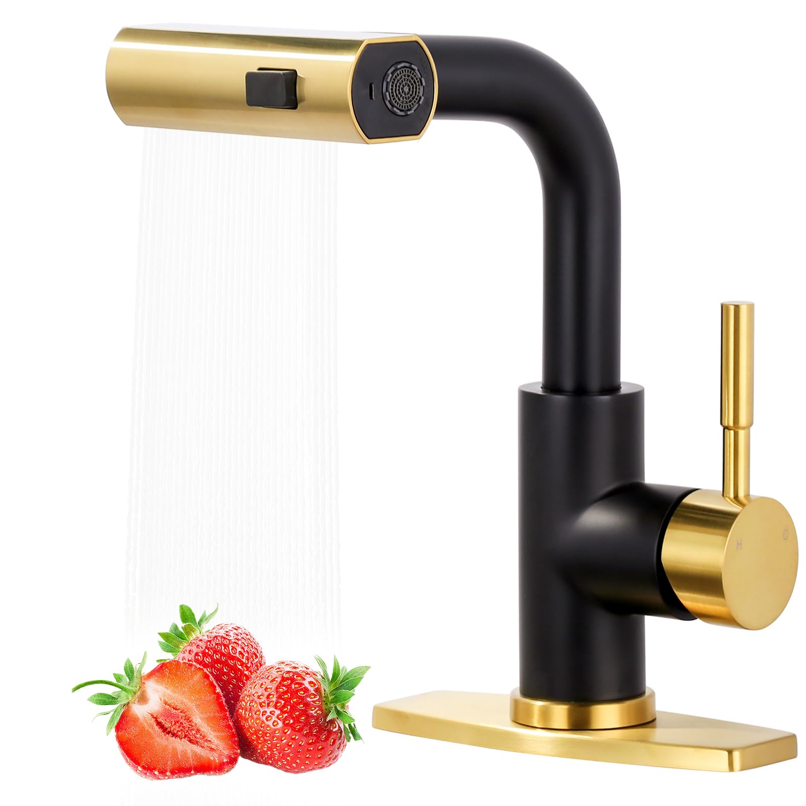 Bar Sink Faucet Single Hole - for Bar Small Kitchen Bathroom Faucets with cUPC Supply Lines, 3 Water Modes Wet Bar Faucets 360 Swivel Prep Sink Faucet with Pull Out Sprayer, Black Gold