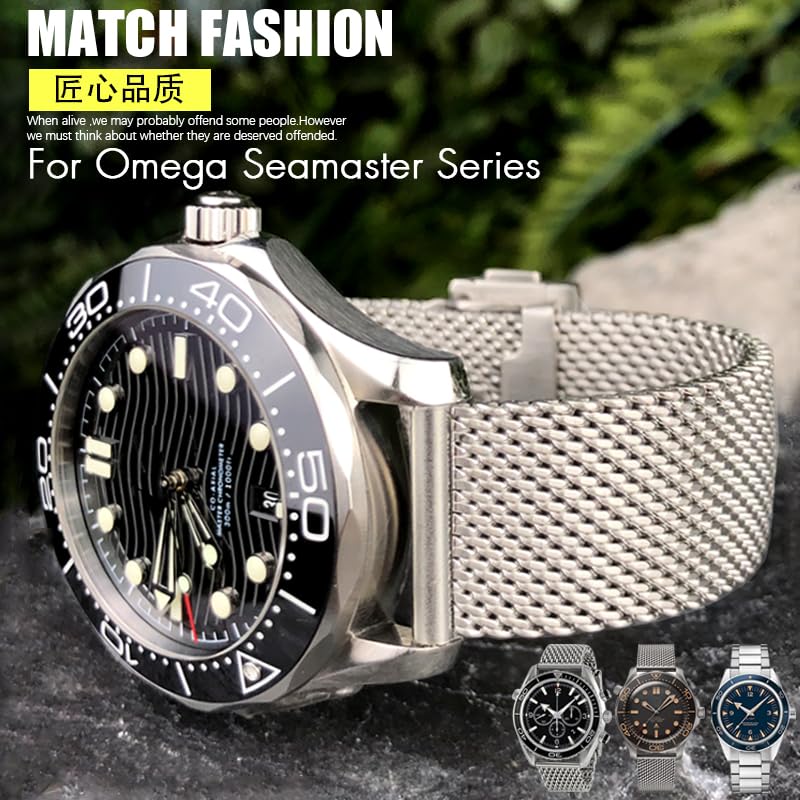 JDIME Cinturino in acciaio inossidabile 19mm 20mm per Omega Seamster Diver 300 Orologio 007 Braccialetti con fibbia deployante in metallo intrecciato Siver