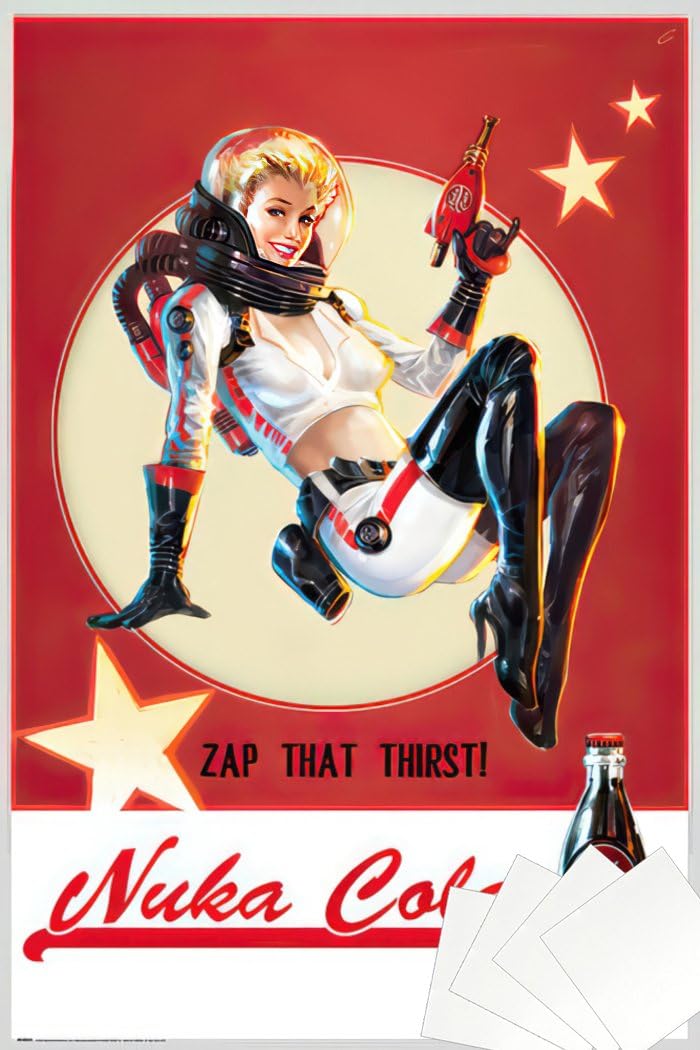 Bundle - 2 Items - Fallout Nuka Cola Poster - 91.5 x 61cms (36 x 24 Inches) and a Set of 4 Repositionable Adhesive Pads for Easy Wall Fixing