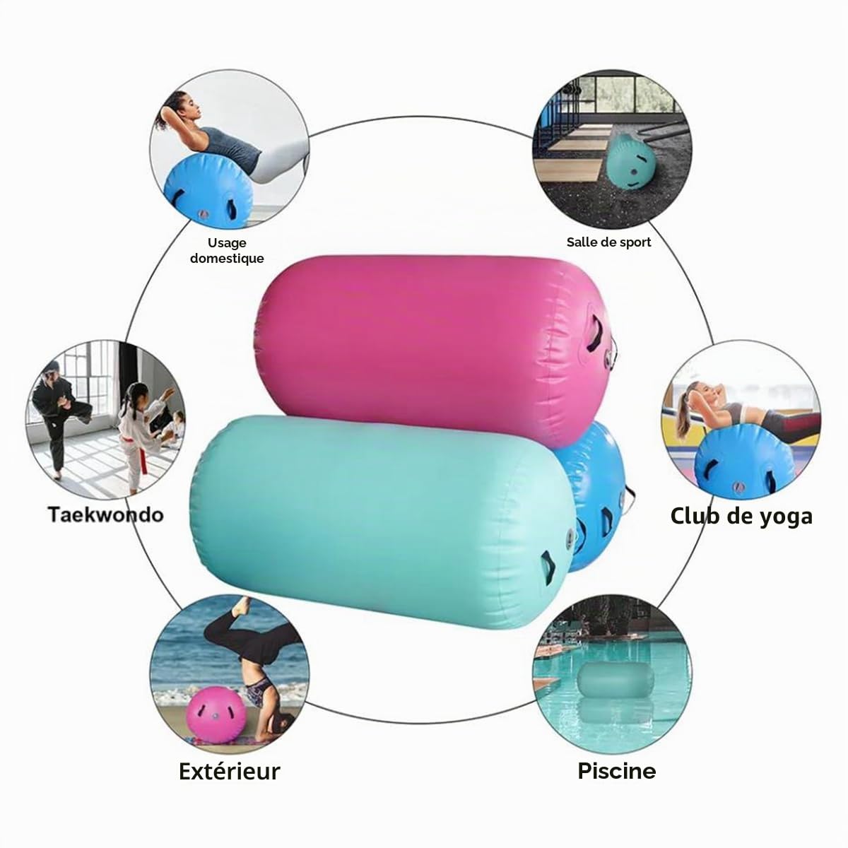 Air Roller Gym Tapis de Gymnastique Rythmique Gonflable 60 75 90 CM Cylindre à air gymnastique Roll avec pompe pour la formation de rebond des mains/maison/yoga/Fitness