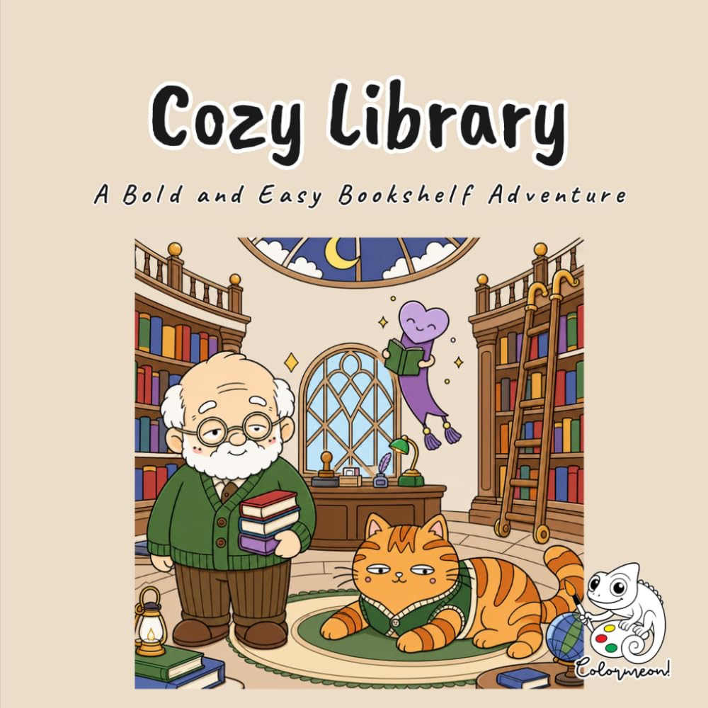 Cozy Library: A Bold and Easy Coloring Book for Adults, Teens, and Book Lovers Featuring Dewey, Marlow, and Pipsqueak in 40 Cozy Library and Bookshop Scenes