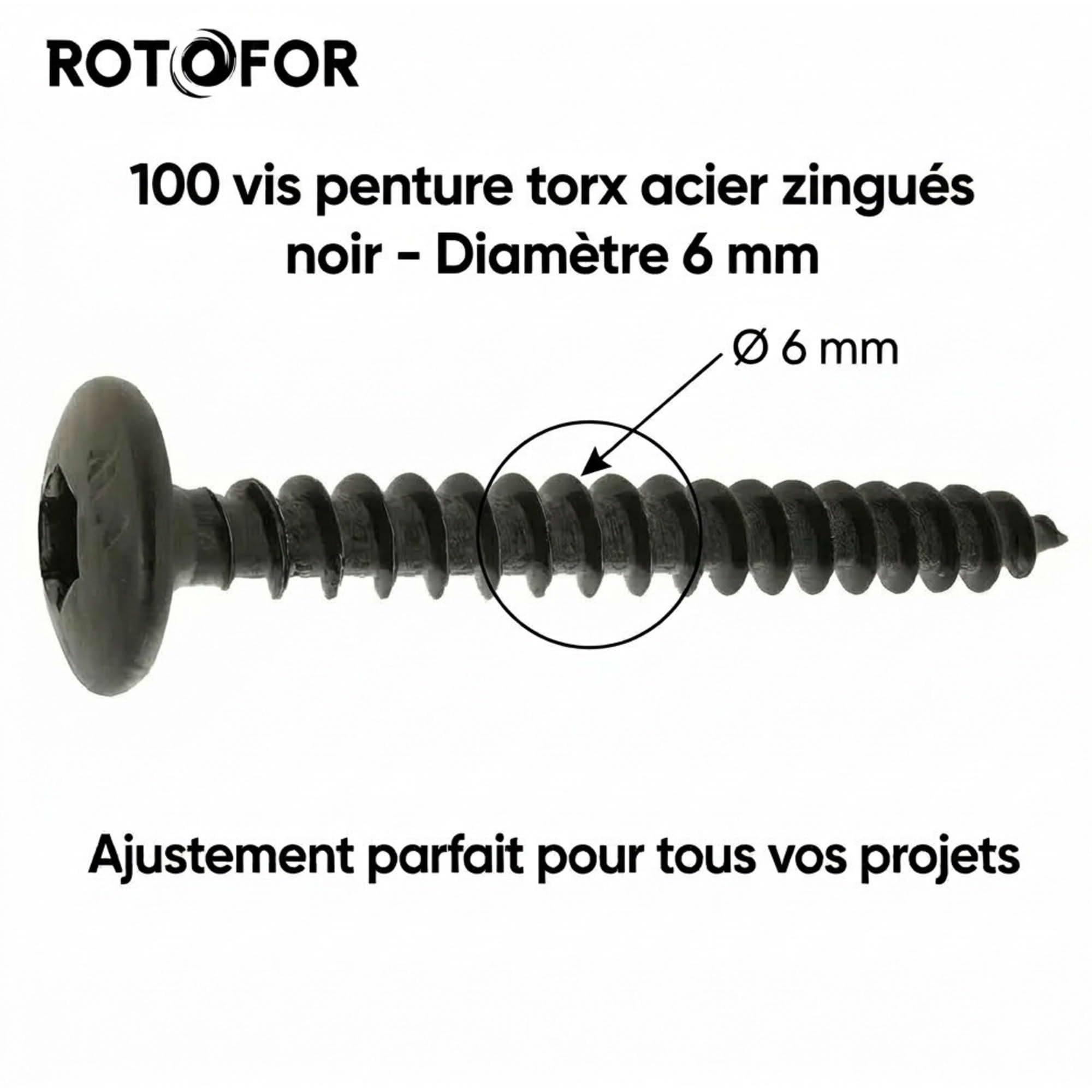 100 Vis Penture Torx acier zingués Noir - diamètre 6 mm - Longueur 60 mm mm - Diamètre 6 mm