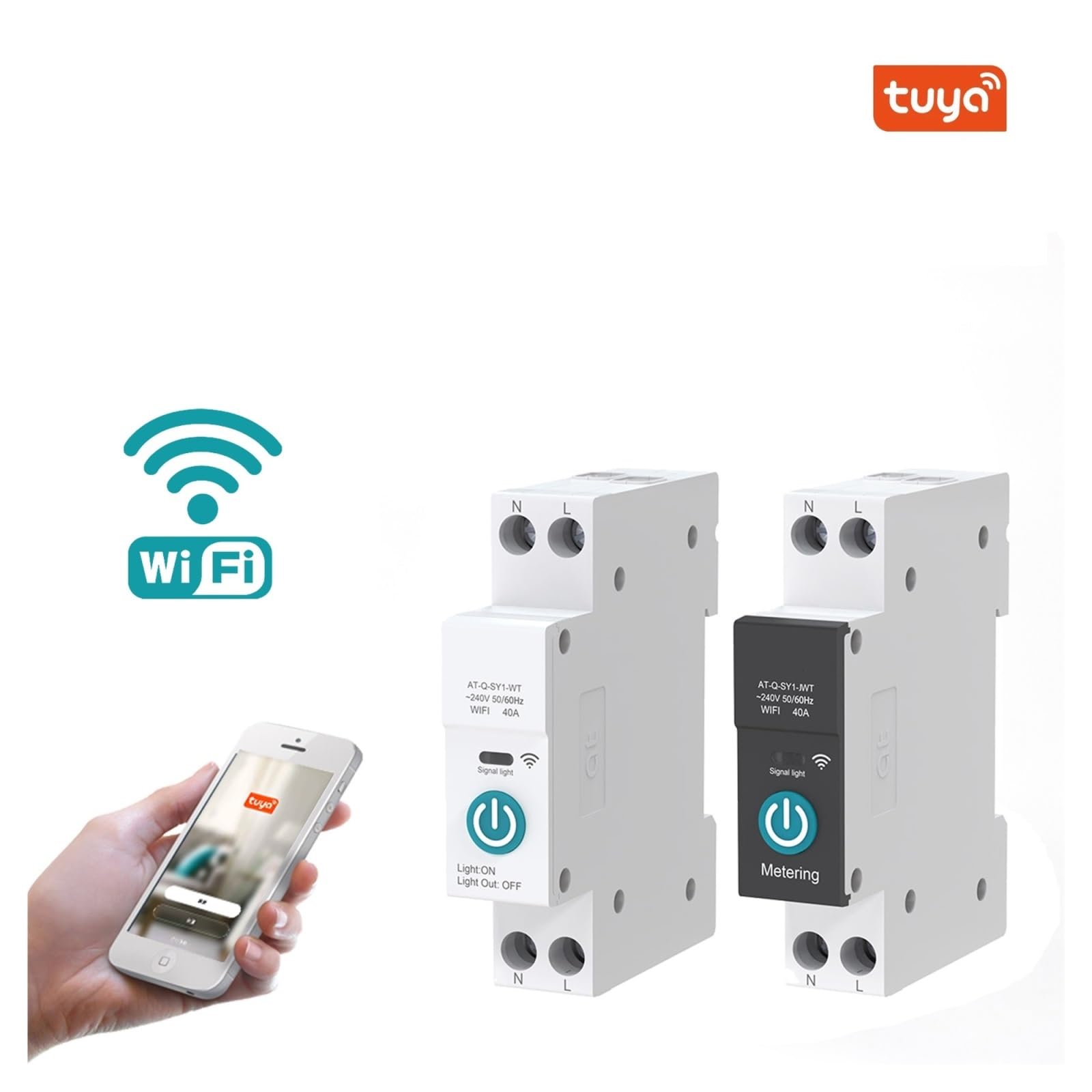 Disjoncteur Intelligent TUYA WIFI 1P 63A Avec Rail DIN De Mesure For Commutateur De Télécommande Sans Fil Smart Home Par APP Surveillance de la consommation d'énergie ( Size : White No metering , Colo