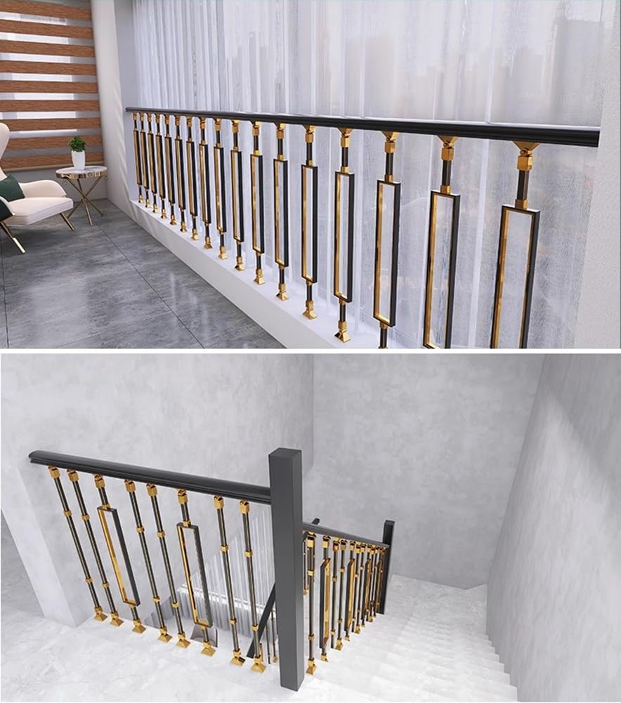 Regulowana poręcz schodowa z metalu, w kolorze czarnym i złotym, 5 sztuk, aluminiowe wrzeciona balustrady do użytku wewnątrz i na zewnątrz (typ pionowy)