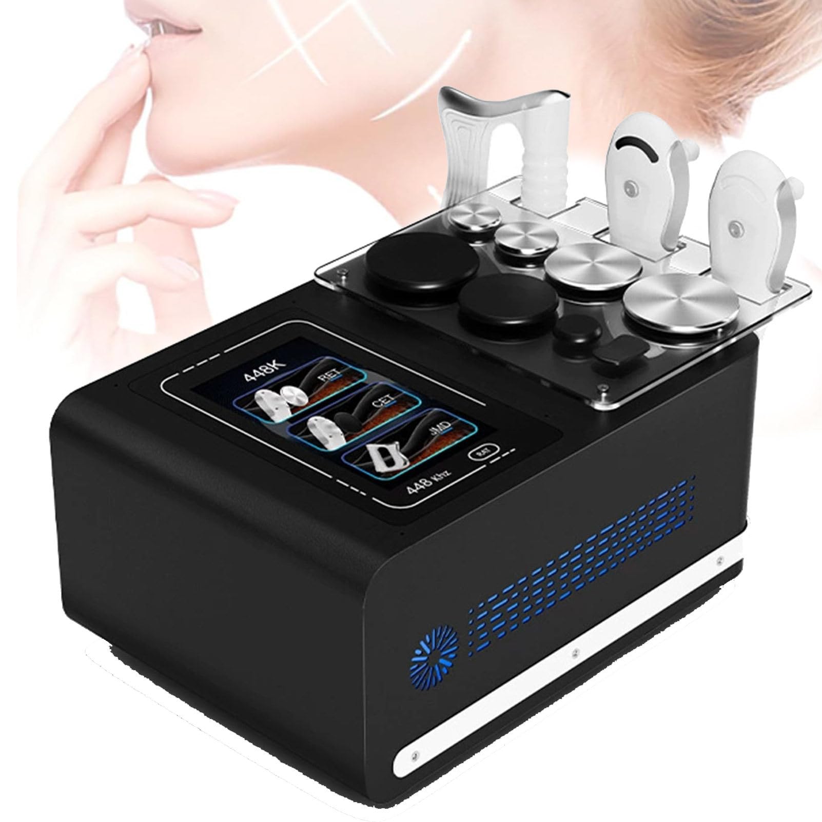 Apparecchio professionale per terapia a radiofrequenza, per sollevamento RF, perdita di peso e modellamento del corpo, con 3 maniglie e 8 postazioni di lavoro per trattamenti fisici profondi Black
