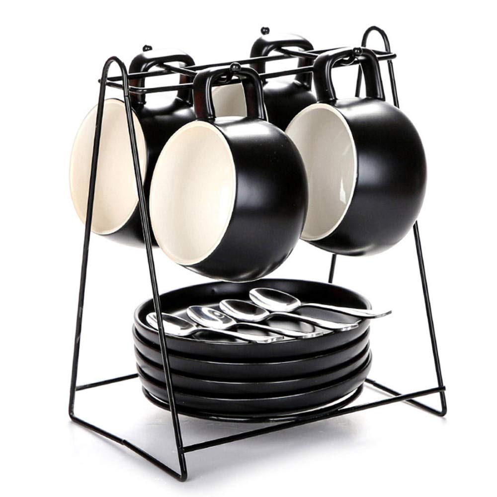 Set of 4 Simple European Ceramic Espresso Set Home Office Coffee Cup Set with Bracket 245ml@4 cup set (black matte color)