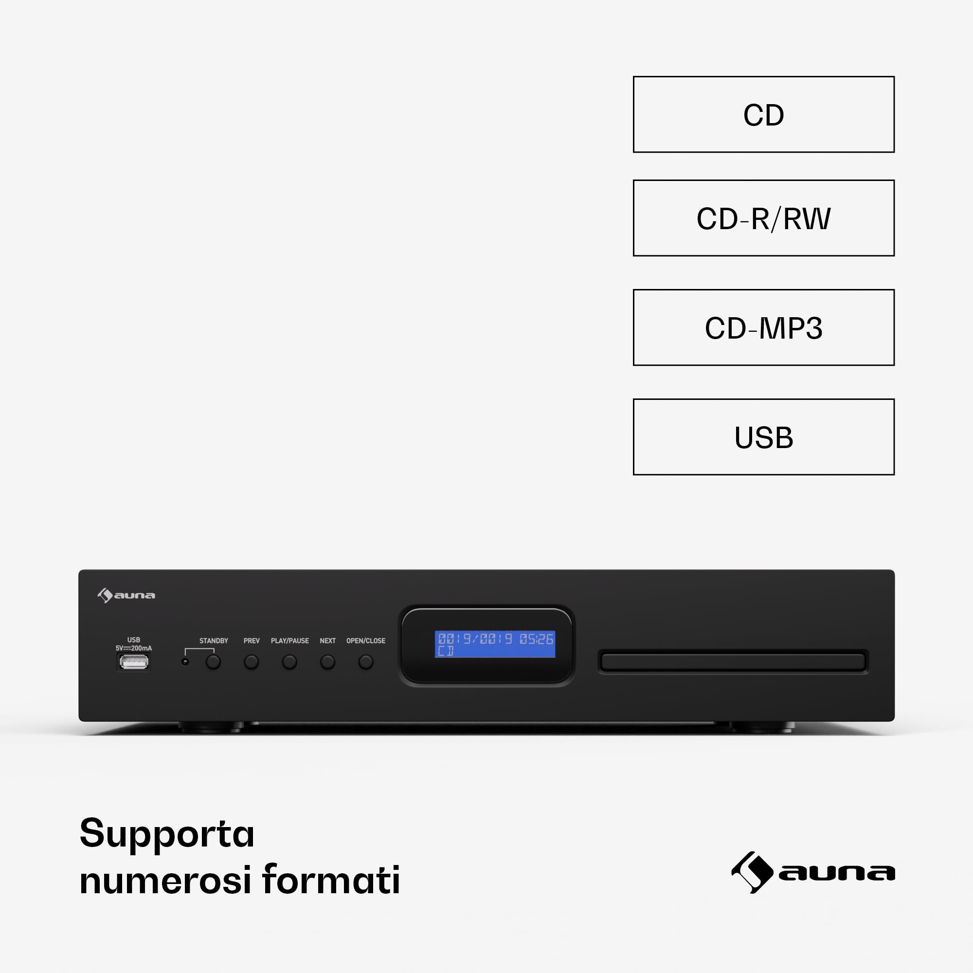 Auna Art22 - Lettore CD HiFi Slot-In, Ingresso USB, Riproduzione CD-MP3, Telecomando, Uscite Ottiche & Coassiali, 130W, Nero