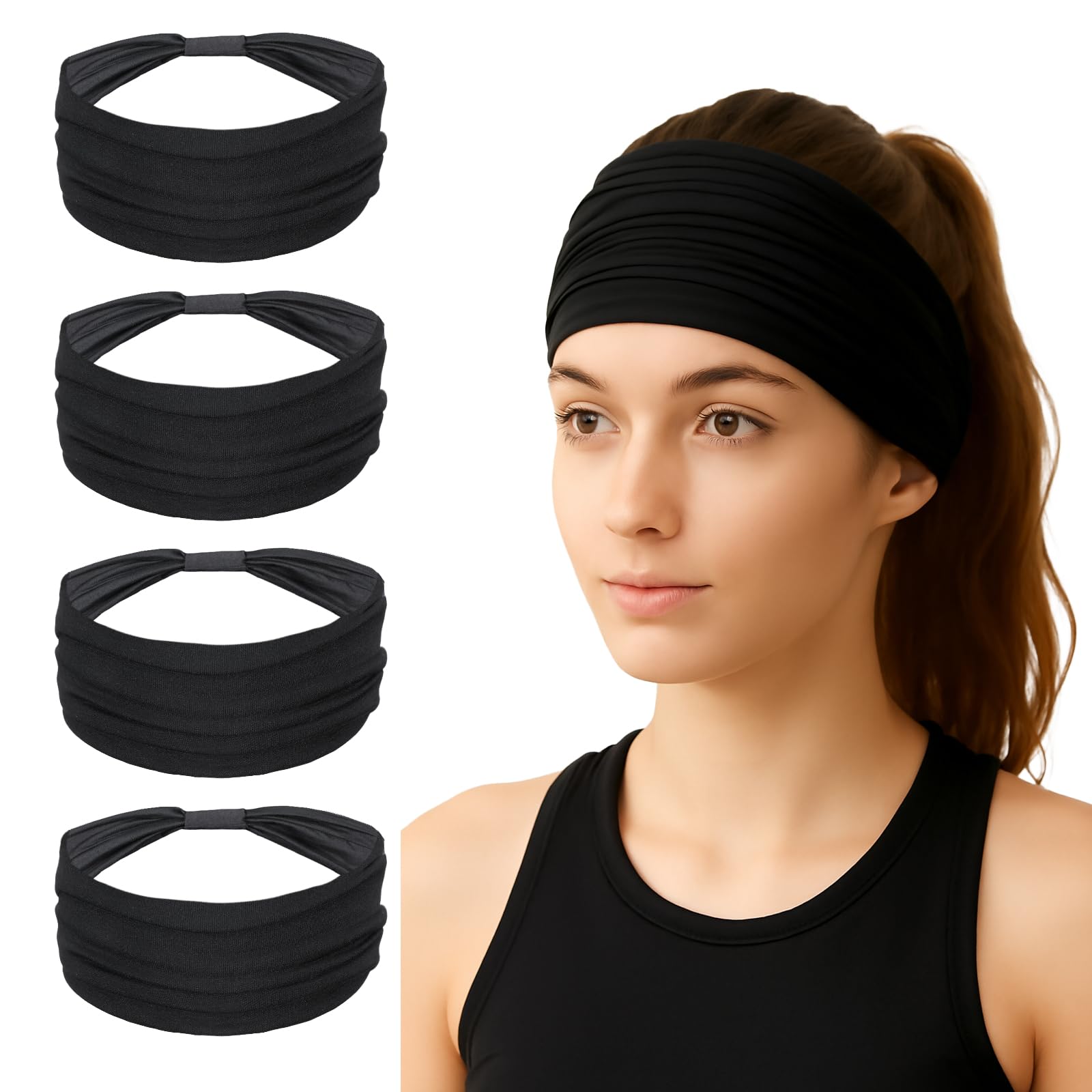 YBEATY 4 Pack Wide Headbands for Women Black Elastic Stylish Head Wraps Fashion Boho Thick Hairbands Large African Sport Yoga Turban Headband Hair Accessories for Girls Running Sweatband