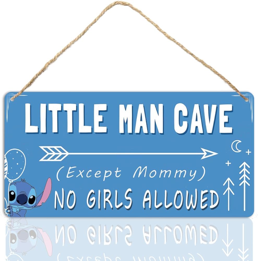 Baby Boy Nursery Room Decor For Boys Kids Bedroom Door Signs Blue Toddler Room Stitch Wall Decor Cute Little Man Cave Wooden Sign No Girls Allowed Signs 12 X 6 Inch