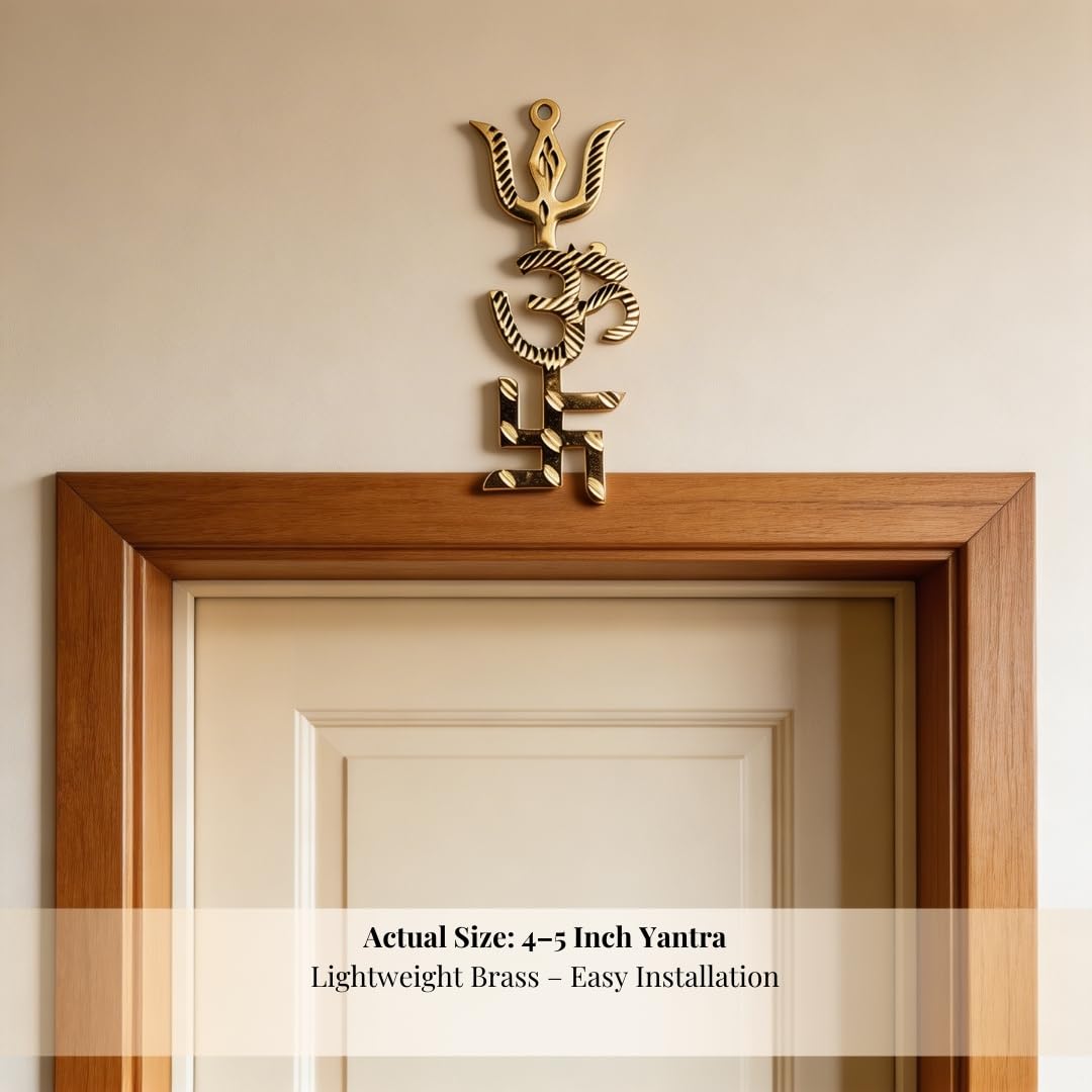 Plus Value Trishakti Yantra Vastu Brass Swastik, Om, Trishul for Home, Office Main Door Protection and Decor, 5 Inch Gold, Positive Energy, Good Luck, Astrology Gift, Entrance Wall Hanging 3