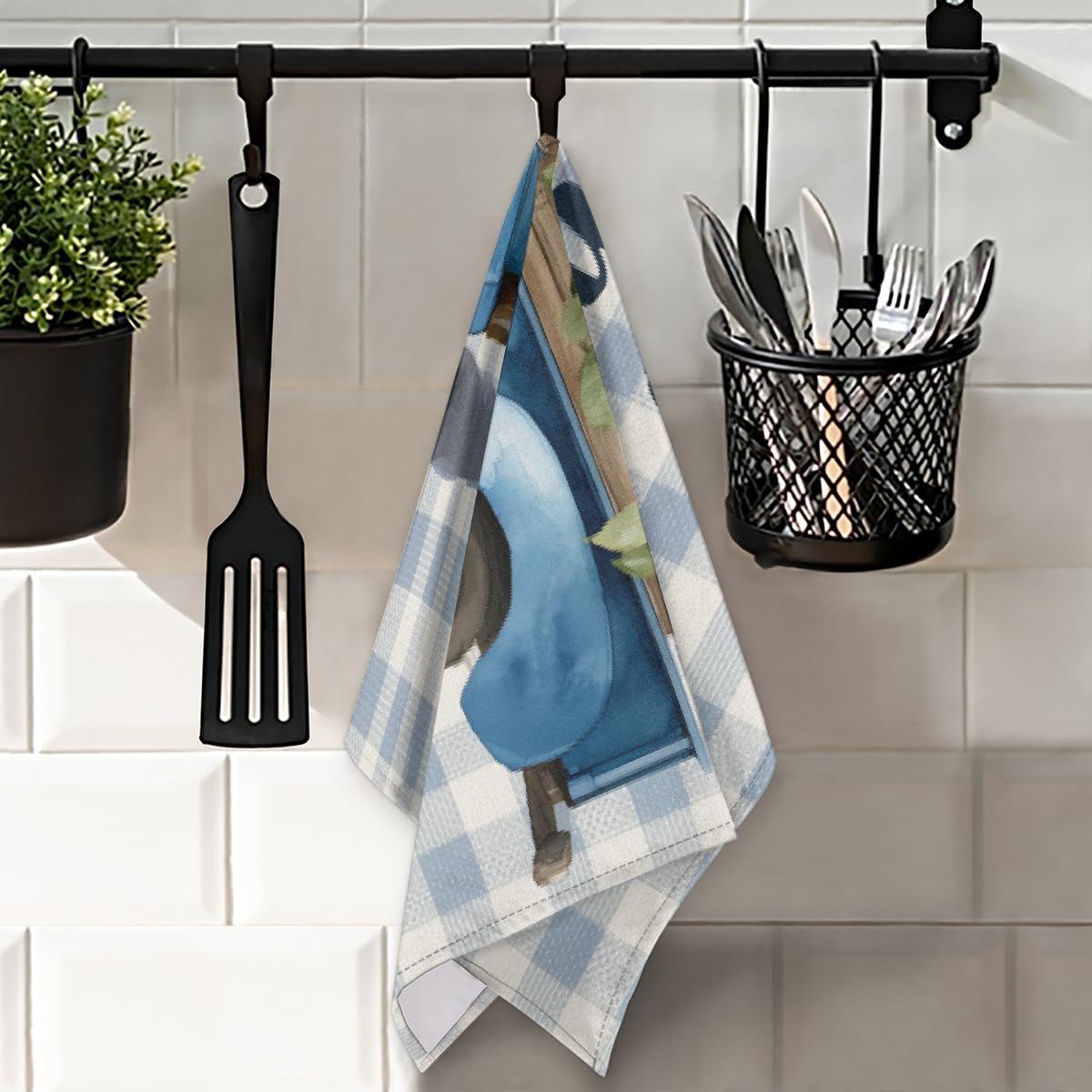 Paños de cocina a cuadros azules con diseño de girasol de verano de 45 x 72 cm, paños de cocina suaves y absorbentes de microfibra de secado rápido para decoración del hogar, paquete de 6