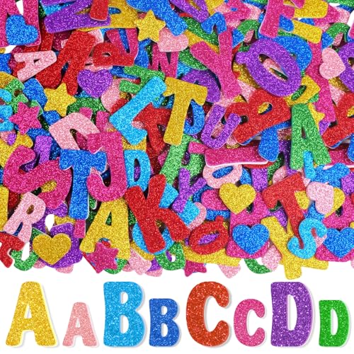 576 PCS Glitter Foam Letter Stickers Alphabet Stickers Self-Adhesive ABC Letters 3D Sparkly Stickers with Heart Star Shapes for DIY Crafts Scrapbooking School Projects Party Home Decor 8 Colors