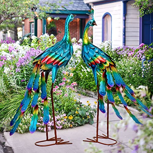 Peacock Statue Garden Decor Metal Peacock Yard Art Decorations Outdoor Sculpture Patio Lawn Ornament,Set Of 2 #TOP6