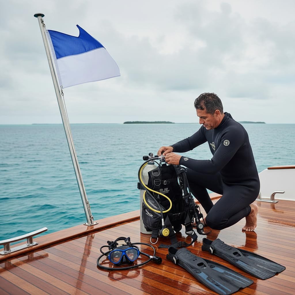 Dive Boat Alpha Flag Lekkie Nurkowanie Niebiesko-białe Flagi 70x60cm Poliestrowa Flaga Nurka z Jasnymi Kolorami do Nurkowania Pod Wodą