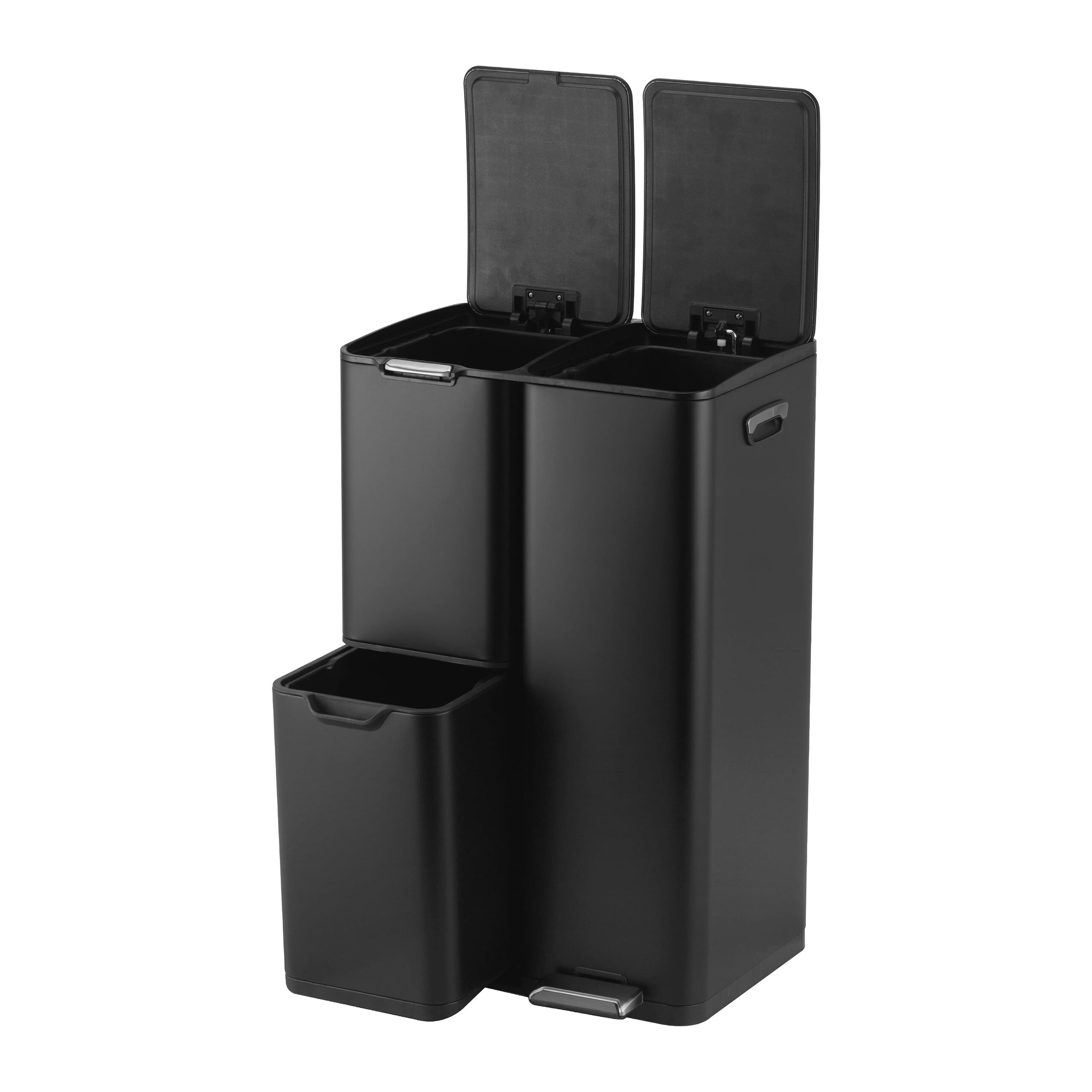 Relaxdays 3-compartment bin 60L, removable bins, soft-close foot pedal, stainless steel kitchen waste sorter, black