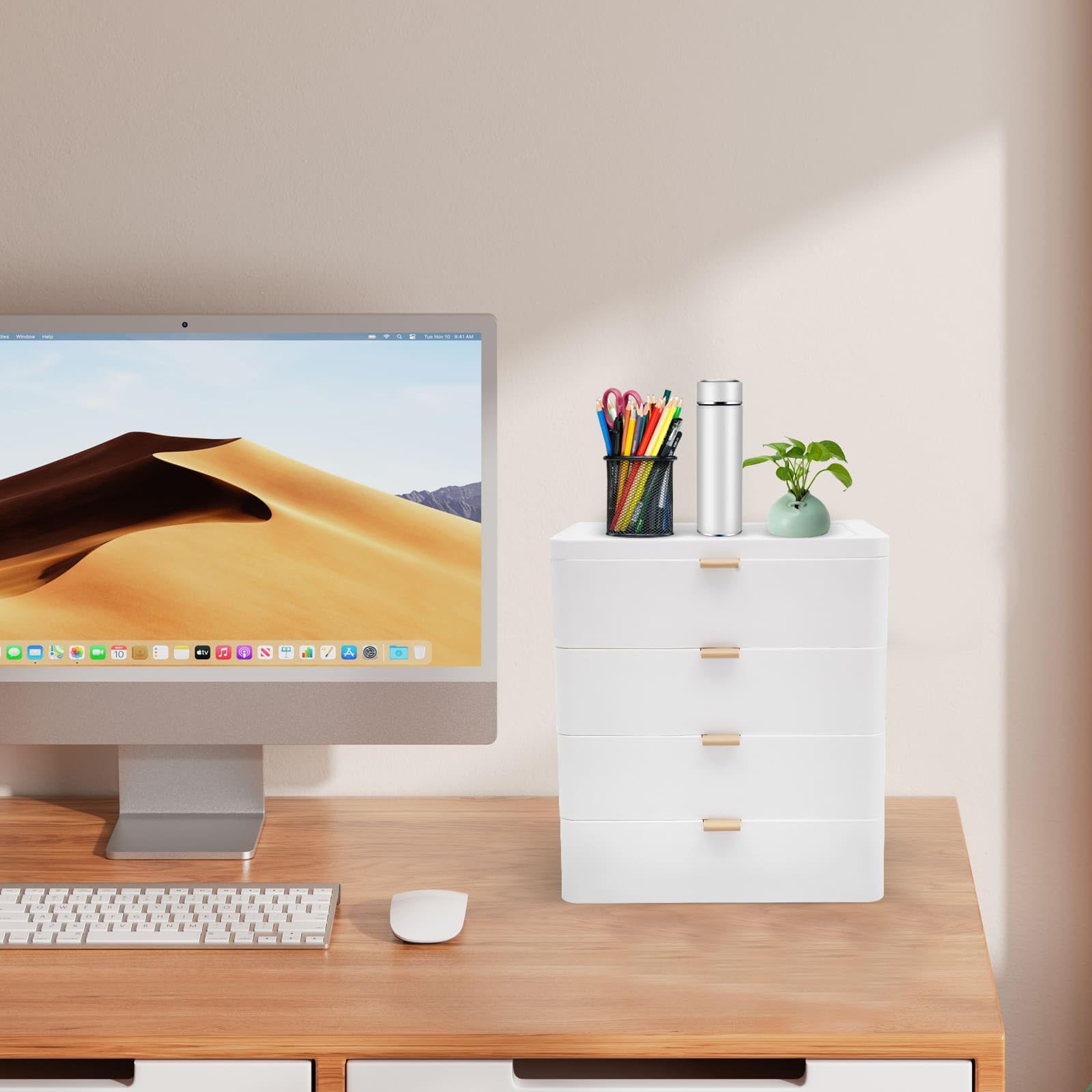 Boîte de Rangement de Bureau en Plastique, Organisateur de Bureau avec Tiroir, Gain de l'espace, Pour ranger livres, bijoux, cosmétiques, collations, articles divers, Blanc (4 tiroirs)