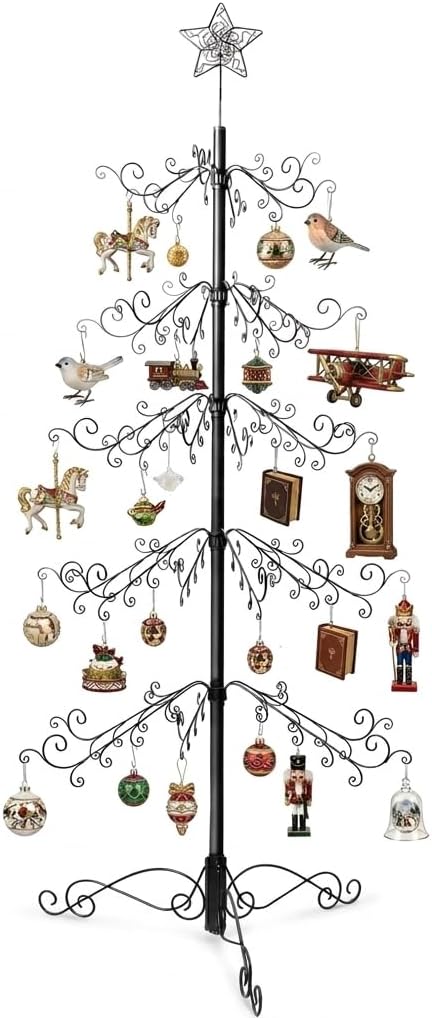 HOHIYA 6.5 Ft Wrought Iron Christmas Tree Alternative 174 Hooks Metal Ornament Display Stand Large Heavy Duty Holiday Decoration Holder for Christmas Halloween Wedding Home Decor Black