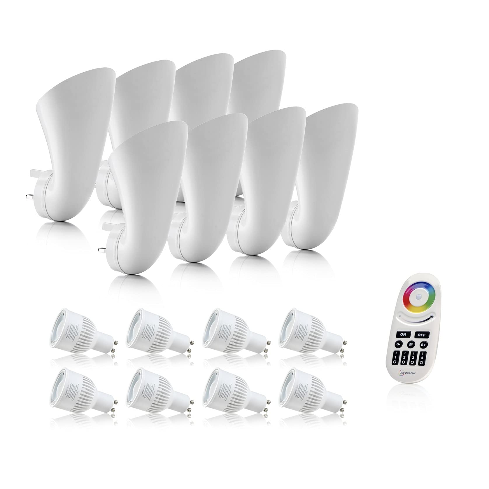 Auraglow Plugin GU10 Spotlight Uplighter Wall Wash Light Plug Socket Lamp with Colour Changing LED Smart Bulb & 4 Zone Remote - 8 Pack