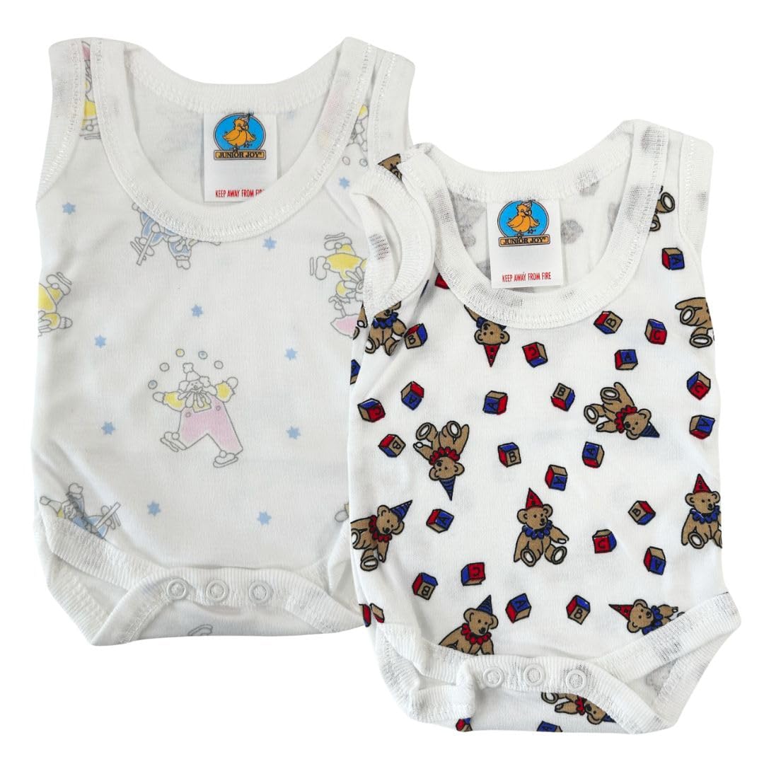 Junior Joy – 2 Pack Newborn White Printed Bodysuits, Round Neck, Sleeveless, 100% Cotton, Popper Fastening for Easy Nappy Changes
