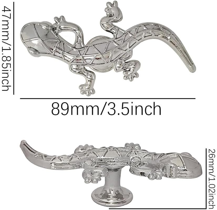 4 Pcs Gecko Cabinet Knobs, Decorative Animal Lizard Shaped Knob Pull for Dressers, Drawers, Wardrobes, Doors, and Kitchen Furniture Decorative Hardware, Metal Zinc Alloy Single-Hole Handles (Silver)