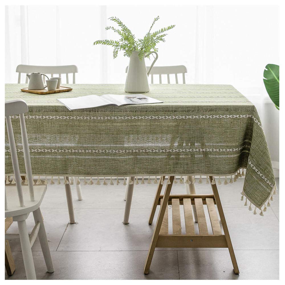 WLL Nappe de Table en Lin de Coton, 110x160cm, Vert Nappe rectangulaire de Style Simple avec Pompon décoratif, Lavable, Housse de Table Basse Anti-poussière pour Salle à Manger Maison Cuisine Jardin