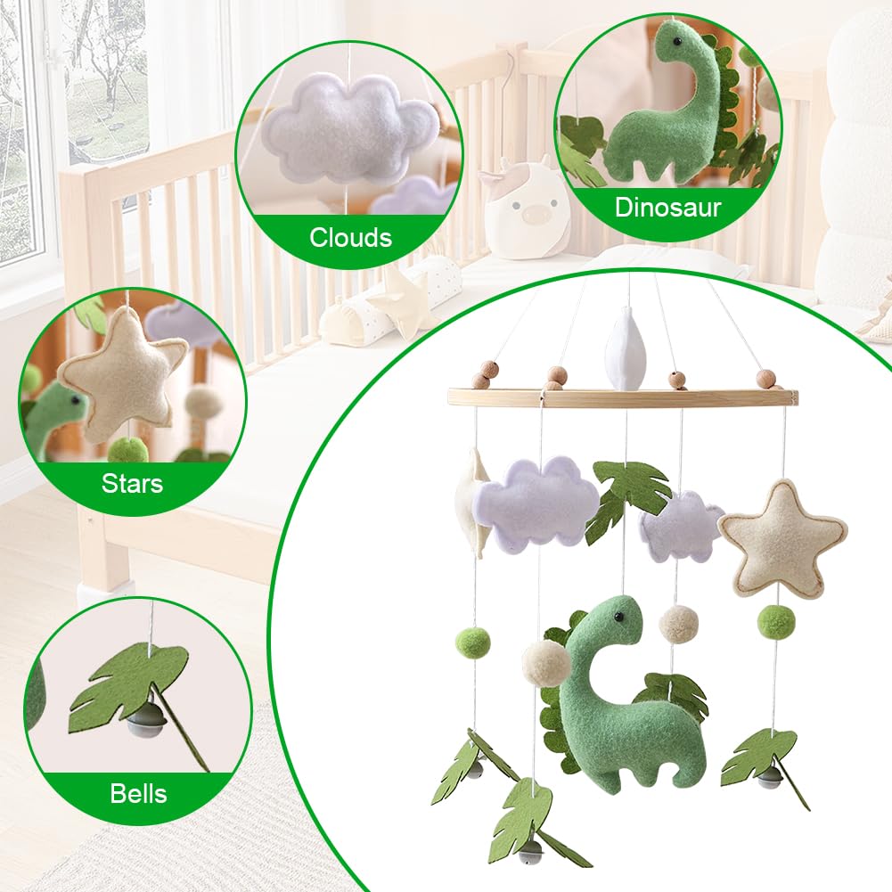 Giostrina Culla Neonato in Legno, con Feltro Dinosauri, Foglie, Nuvole e Stelle, Giostrina Neonato con Campanellino, Decorazioni per Cameretta, Regalo per Bambine o Bambini