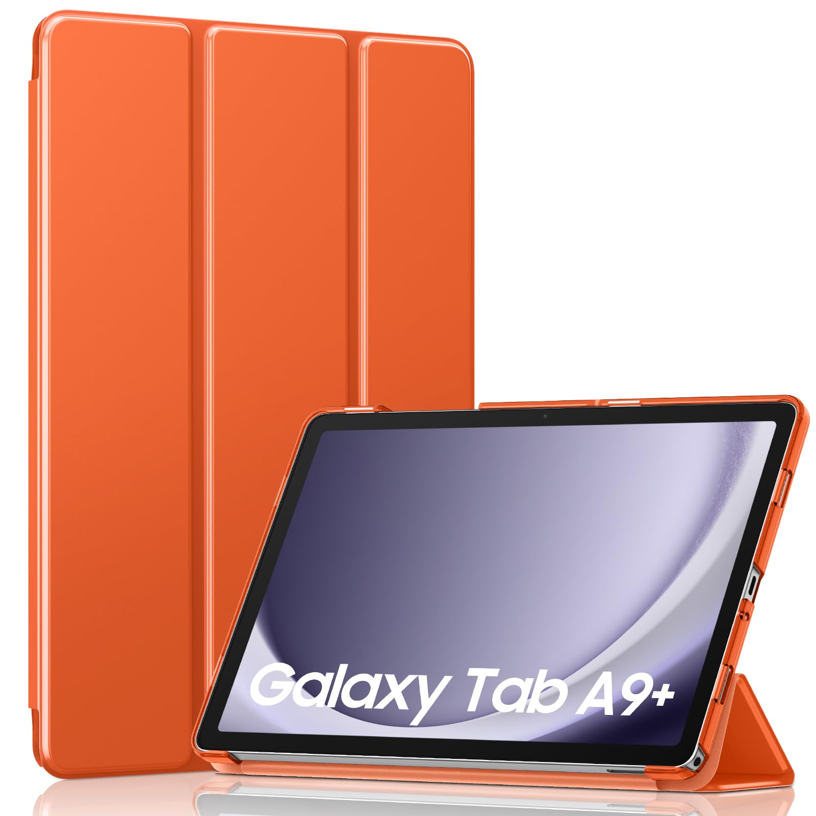 MoKo Trifold Case for Galaxy Tab A9 Plus/A9+ 11 Inch 2023, Orange | Slim Stand Hard PC Translucent Back Shell Smart Cover, Auto Sleep/Wake, Light, Anti-scratch, 2 Adjustable Angle
