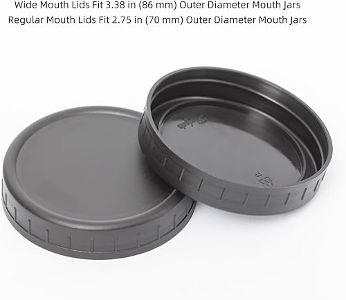 Miniatura 3 de Bedgeta Paquete de 14 tapas de plástico negro para tarros Mason con anillos de silicona, 7 bocas anchas y 7 tapas de conservas de boca regular para