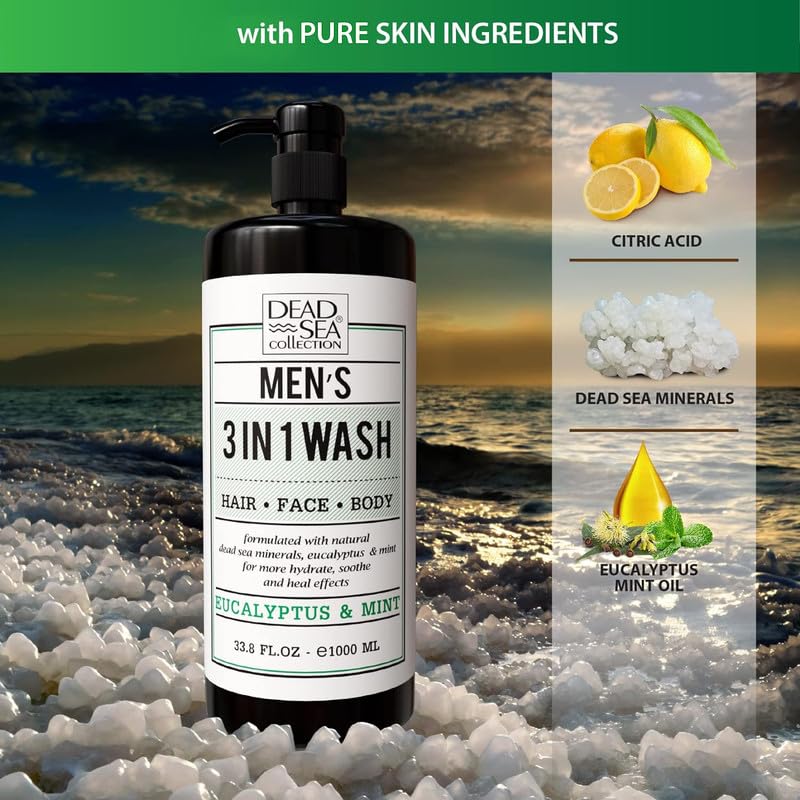 Dead Sea Collection Mens Shower Gel 3 in 1 with Eucalyptus & Mint, Body Wash with Dead Sea Salt, Shampoo for Men Face Wash - Image 4