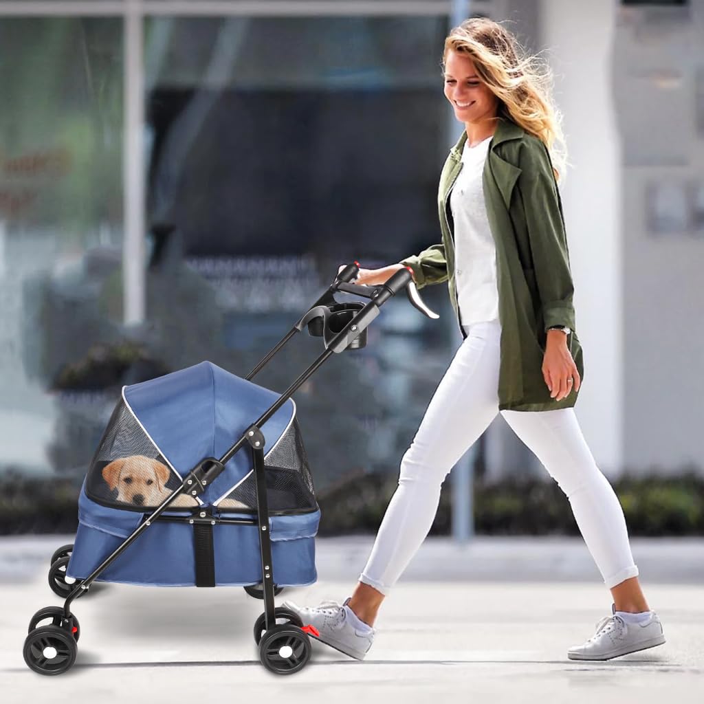 OHMG Passeggino cane gatto 2 in 1,Passeggino da viaggio per cani da 25 kg con borsa di stoccaggio, copertura antipioggia e portabicchieri, Pet Stroller Buggy