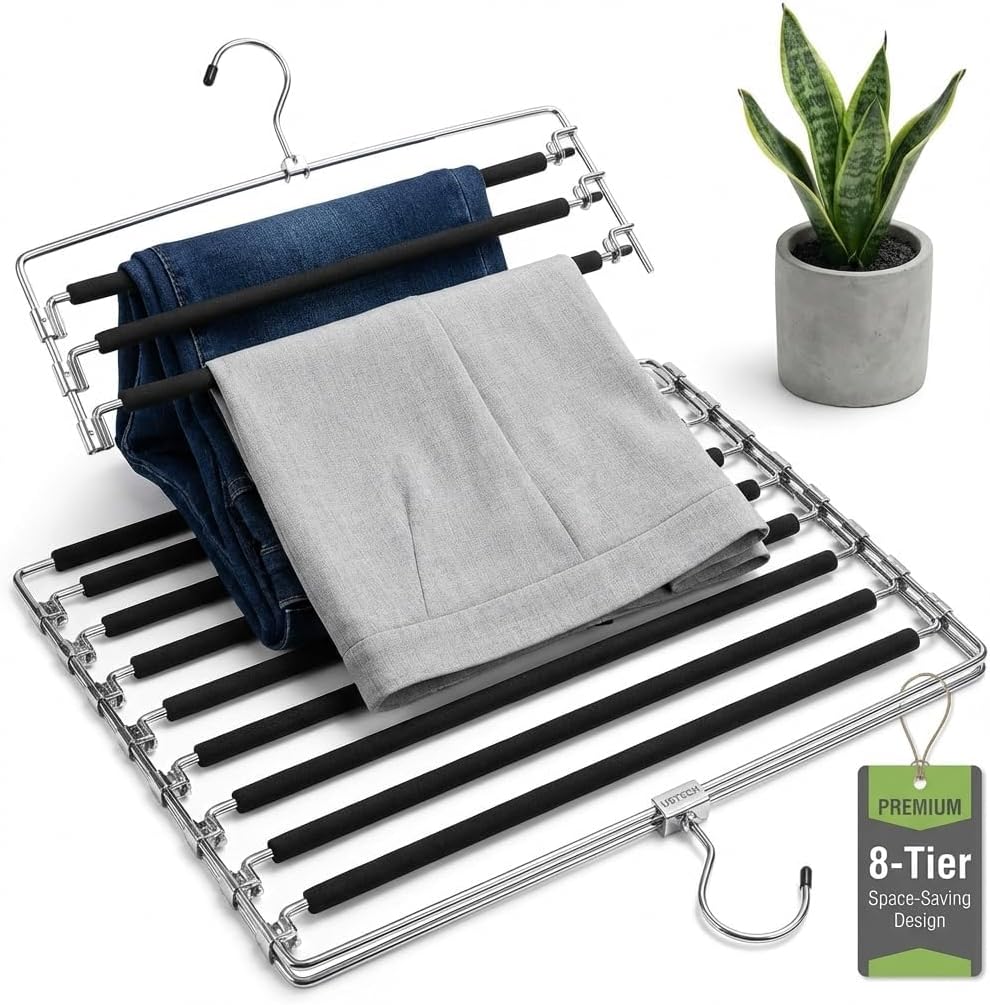 USTECH Arm Pants Hanger - 8 Tier Multi Tier Swing Hanger with Foam Padding and Removable Arm for Storage Organizer Effective Space Saving Design Pack of Two, Ideal for Jeans Skirts and Pants