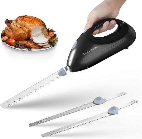 Cook Concept Cuchillo eléctrico para tallar carne, pescado, pavo, pan, 2 cuchillas dentadas intercambiables de 8 pulgadas, ligero, rebanado