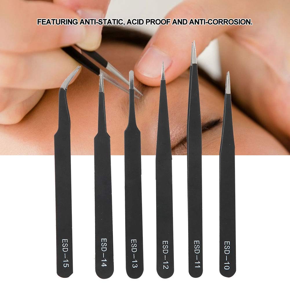 Ensemble de pincettes de précision de 6 pièces, pinceau en acier inoxydable anti-statique avec poignée ergonomique et housses de pointe pour les bijoux, laboratoire