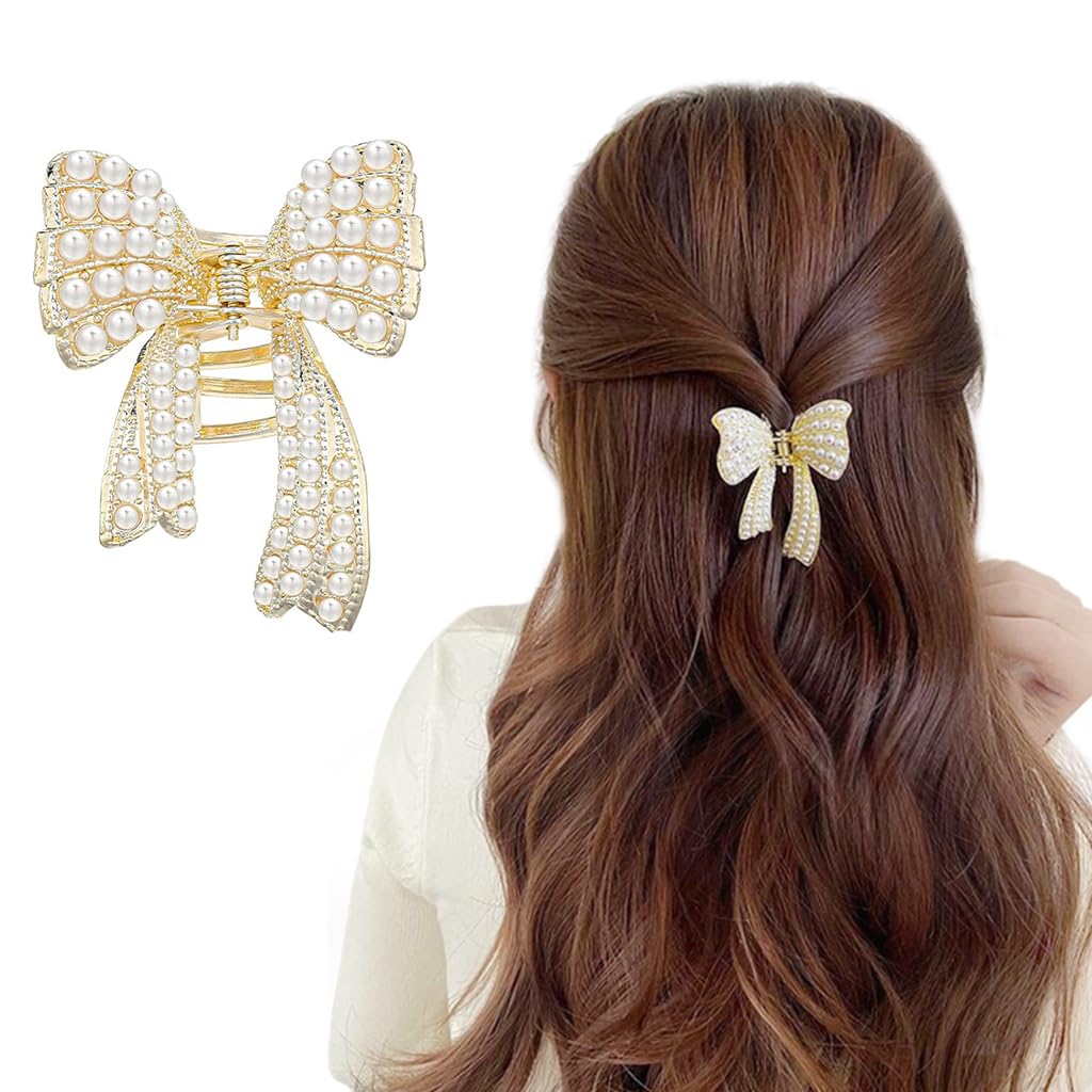 ZIBUYU® Small Pearl Bow Hair Accessories for Women Wedding,Bow Hair Clips for Women,Golden Alloy Half Updo Charm Fashion Meta Clips Girls