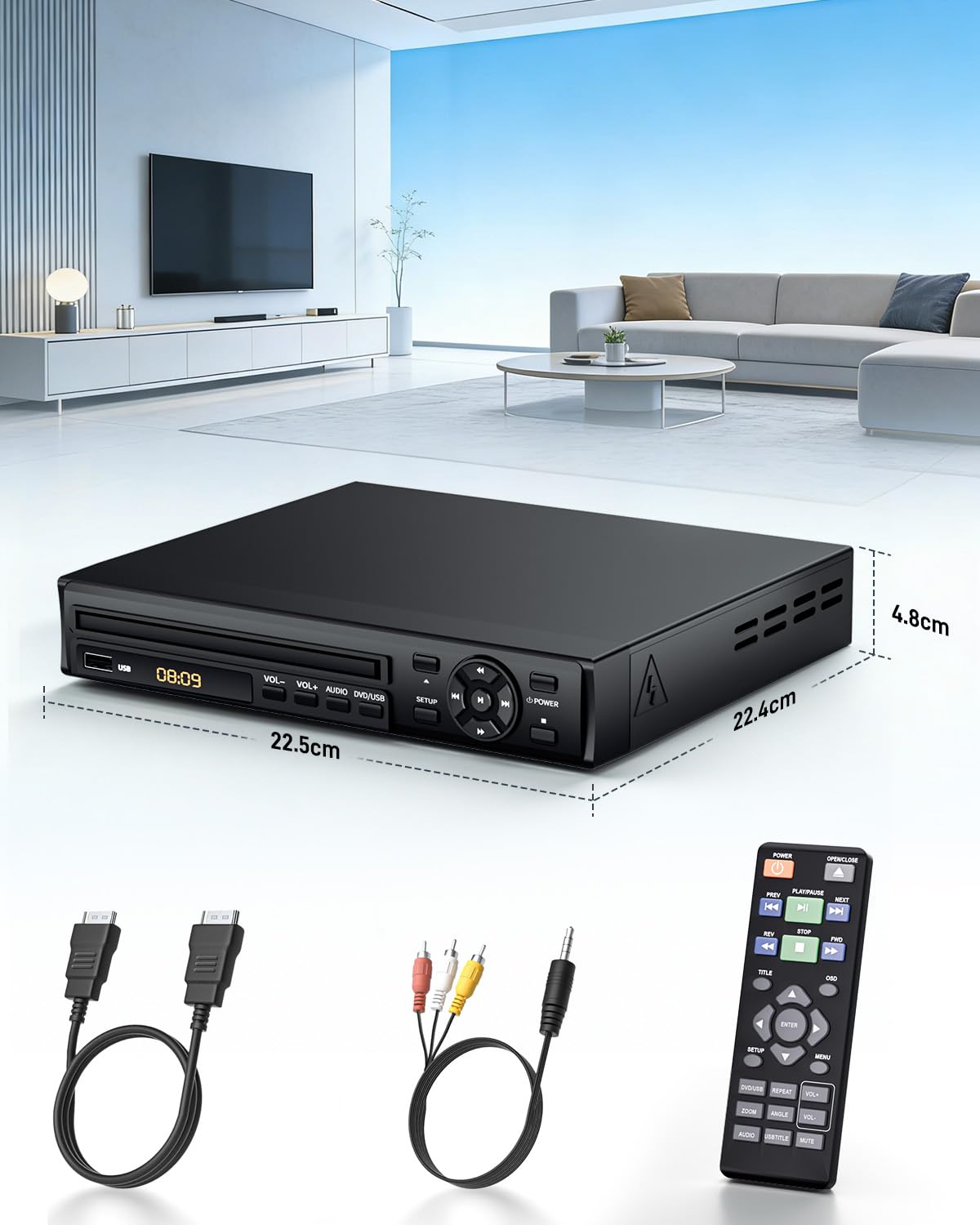 Desobry DVD Player für Fernseher, 1080p HD DVD Player mit verbessertem Laufwerkssteuerungssystem, Region-Free DVD/CD Player mit HDMI- & AV-Ausgang, Resume-Funktion, Fernbedienung