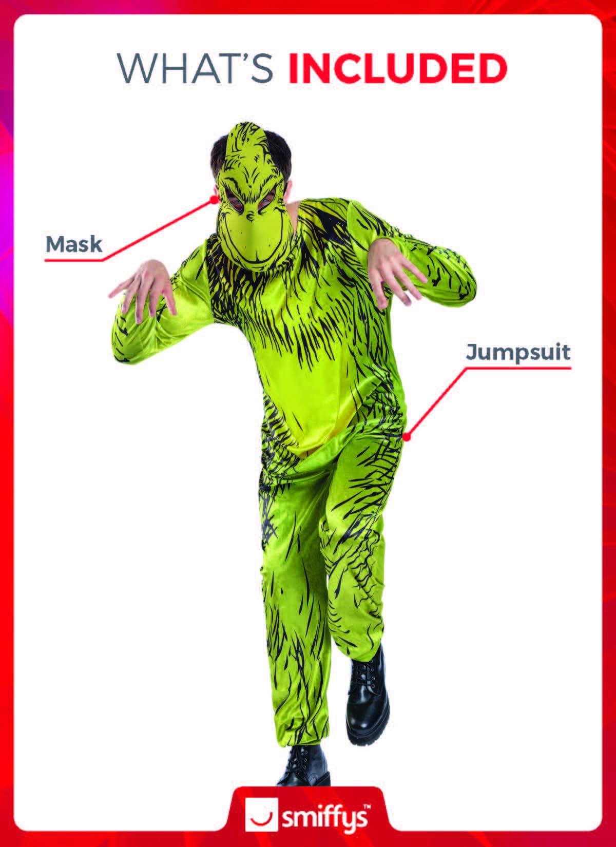 Smiffys Dr Seuss The Grinch Costume for Adults, Official Green Fancy Dress Jumpsuit with Character Mask - Image 2