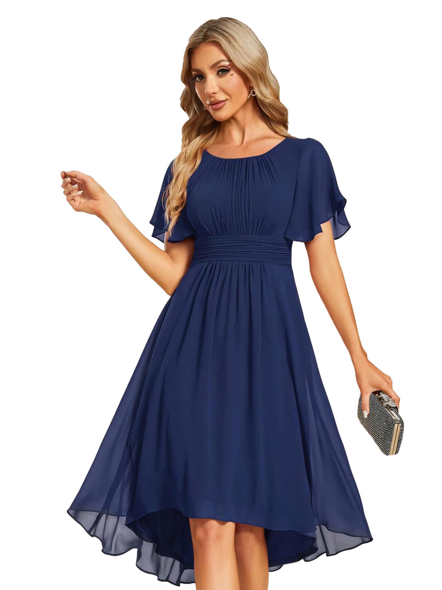 Ever-Pretty Robe de Cocktail Soirée Femme Col Rond Manches Courtes Mousseline EG02053