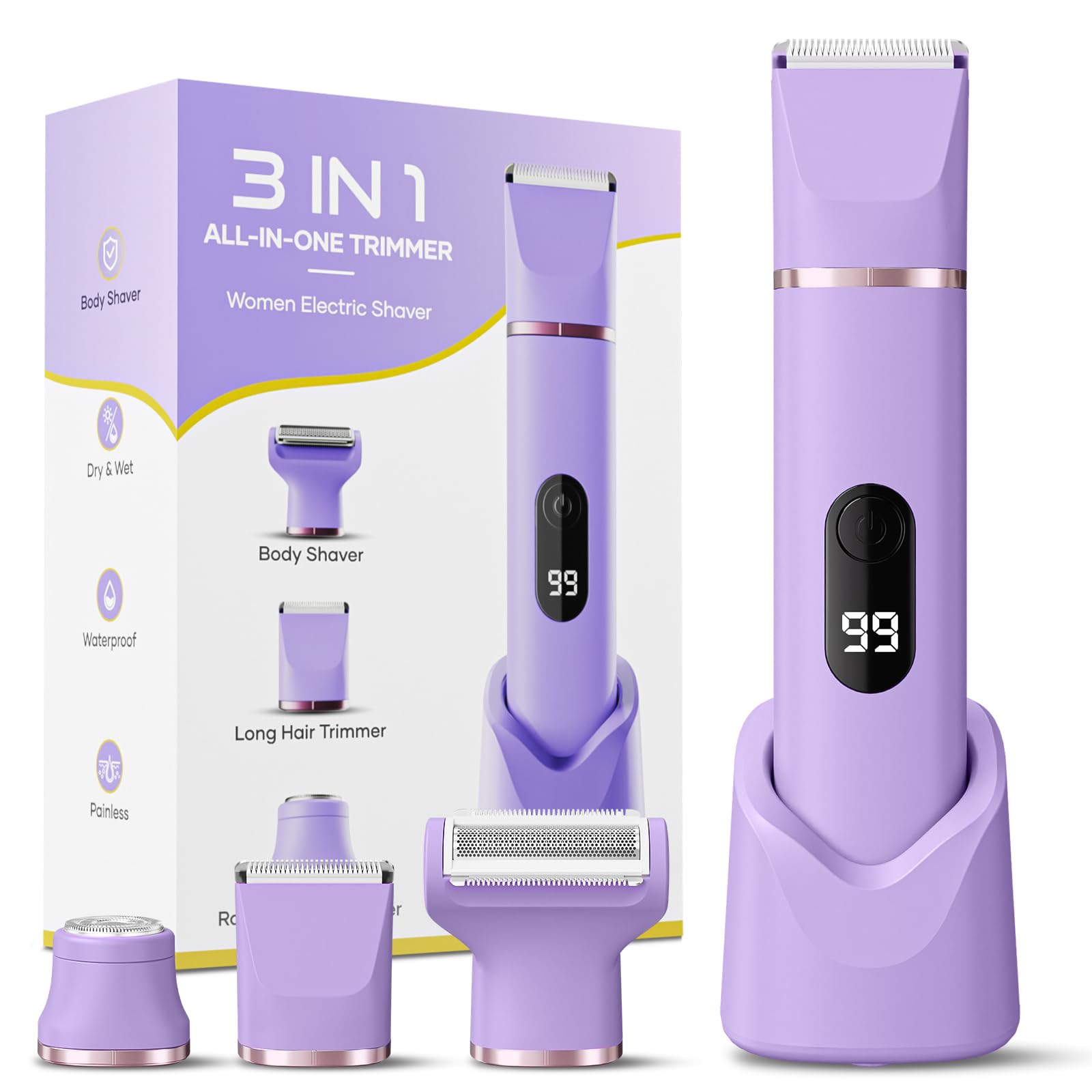 Electric Bikini Trimmer for Women - Tiovara Painless Electric Shaver,Cordless Electric Razors IPX7 Waterproof Pubic Hair Removal with USB Charge Dock for Bikini Underarm Leg Arm Body Face Silk Skin (Lilac)