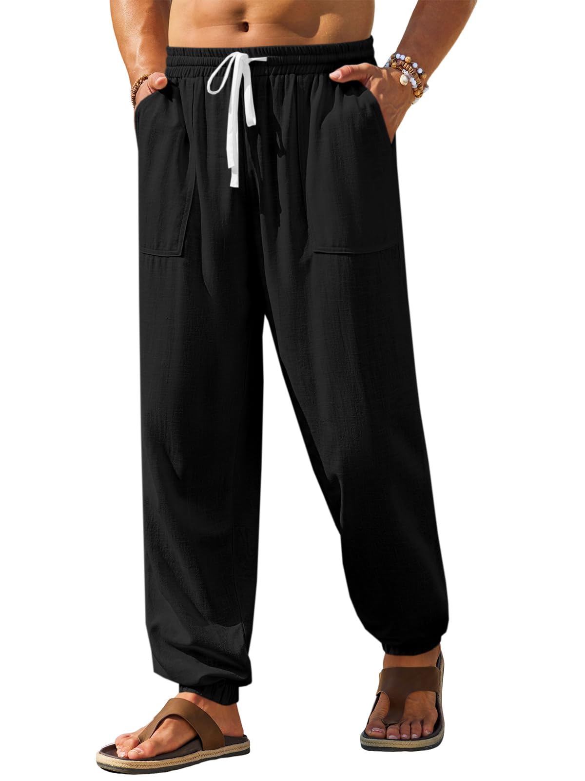 Runcati Mens Casual Pants Elastic Waist Drawstring Summer Cotton Jogger Pants Linen Yoga Beach Trousers with Pockets