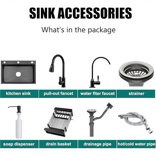 Miniatura 4 de Fregadero de cocina negro con grifo, cuenco individual de acero inoxidable profundo, fregadero con estación de trabajo de granja con múltiples