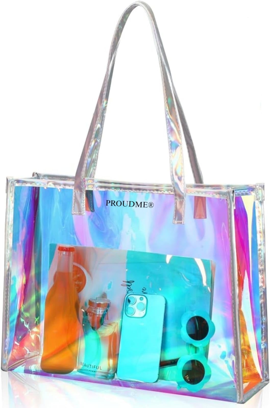 PROUDME Holographic Travel Tote Bag, Waterproof, Zipper Closure, Womens Shopping Handbag Organiser, Shoulder Bag, Womens Tote Bag, Color Changing Bag Purse For Girls (Silver) (B0D9DMGVNR) Amazon Price History, Amazon Price Tracker