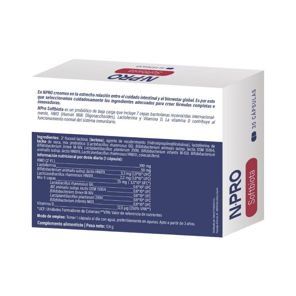 NPro SALUD INTESTINAL Softbiota 30 Cápsulas Probiótico de Baja Carga | 7 Cepas Probióticas 3.000 Millones UFC, HMO, Lactoferrina, Vitamina D3, Apoyo Suave para Máxima Tolerancia