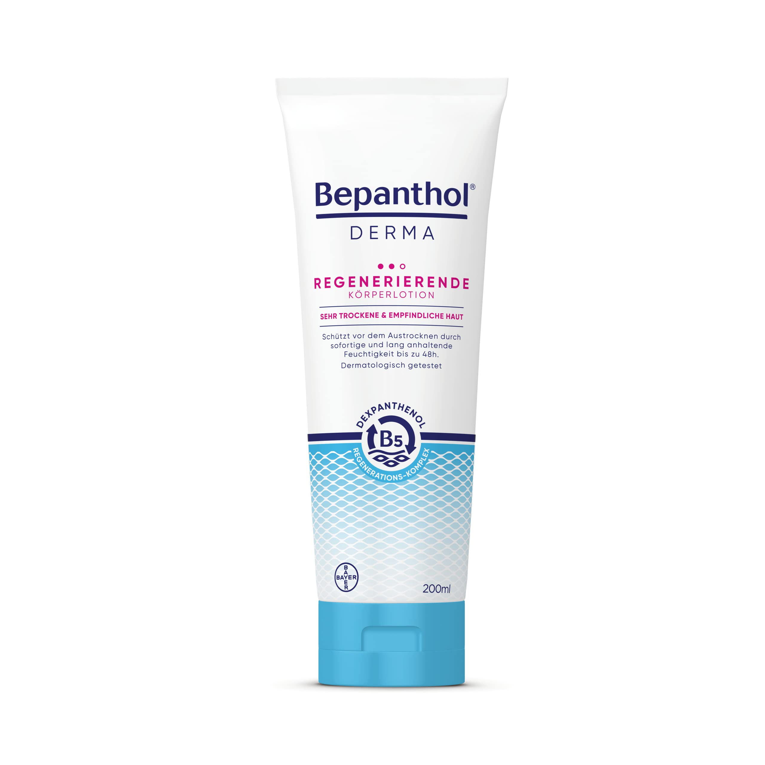 Bepanthol DERMA Regenerierende Körperlotion, Körperpflege für empfindliche und sehr trockene Haut, dermatologisch getestete Feuchtigkeitscreme mit Dexpanthenol, 200 ml Tube
