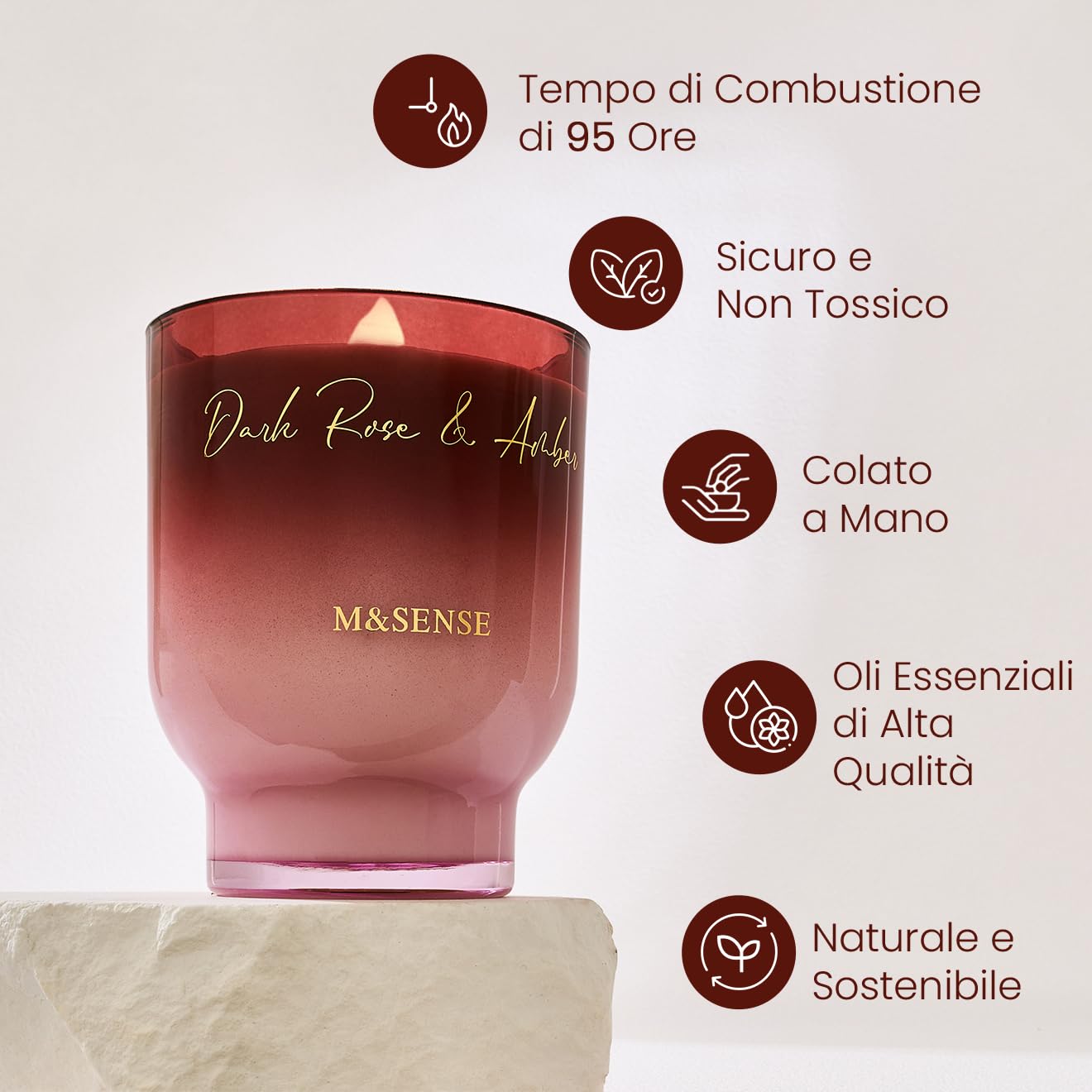 M&SENSE Grandi Candela Profumata 470g Rosa Scura e Ambra con Stoppino Scoppiettante, 110H Dura, Cera di Soia Non Tossico Aromaterapia Candele, Vetro Design Room Decor, Regalo di Lusso per Donne/Natale