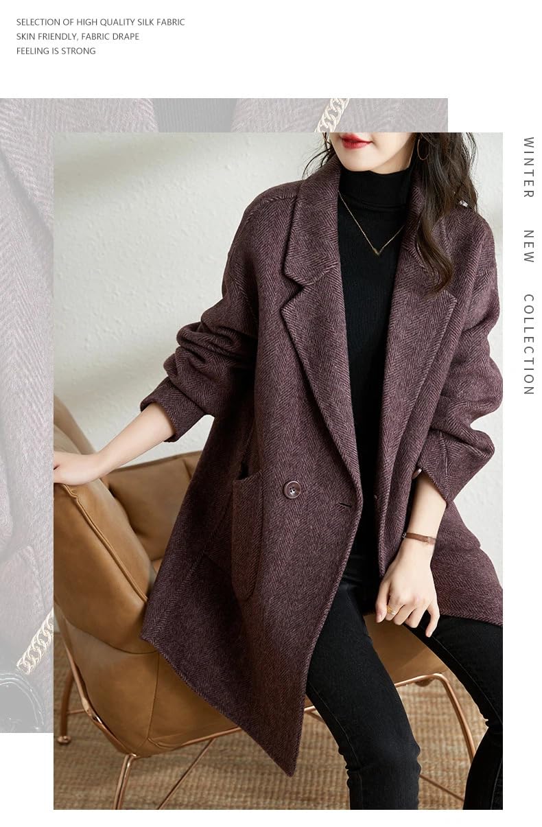 Generico Cappotto In Lana A Spina Di Pesce Da Donna Cappotto In Misto Lana con Revers Trench con Tasche Soprabito Doppiopetto Giacche Antivento Di Media Lunghezza Capispalla