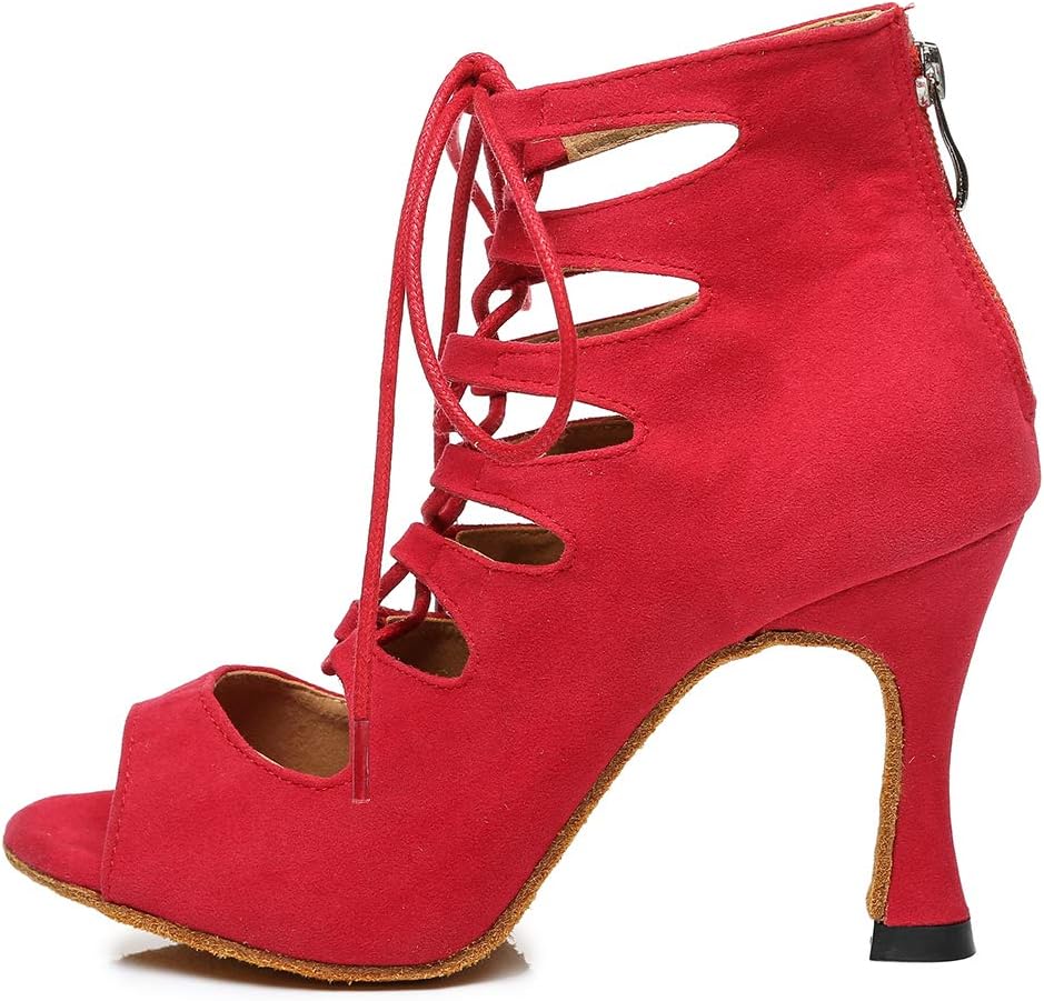 HROYL Women's Latin Dance Ankle Boots Open Toe Performence Wedding Party Lace-up Dancing Heels,YCL456