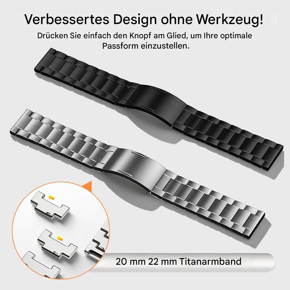 20mm 22mm werkzeugloses Universal-Titanarmband, kompatibel mit Galaxy Watch 6 Classic 43 mm/47mm/5 Pro 45mm/4 Classic 46mm, Metallarmband kompatibel mit Fenix 8 43mm, Gear S3 Frontier