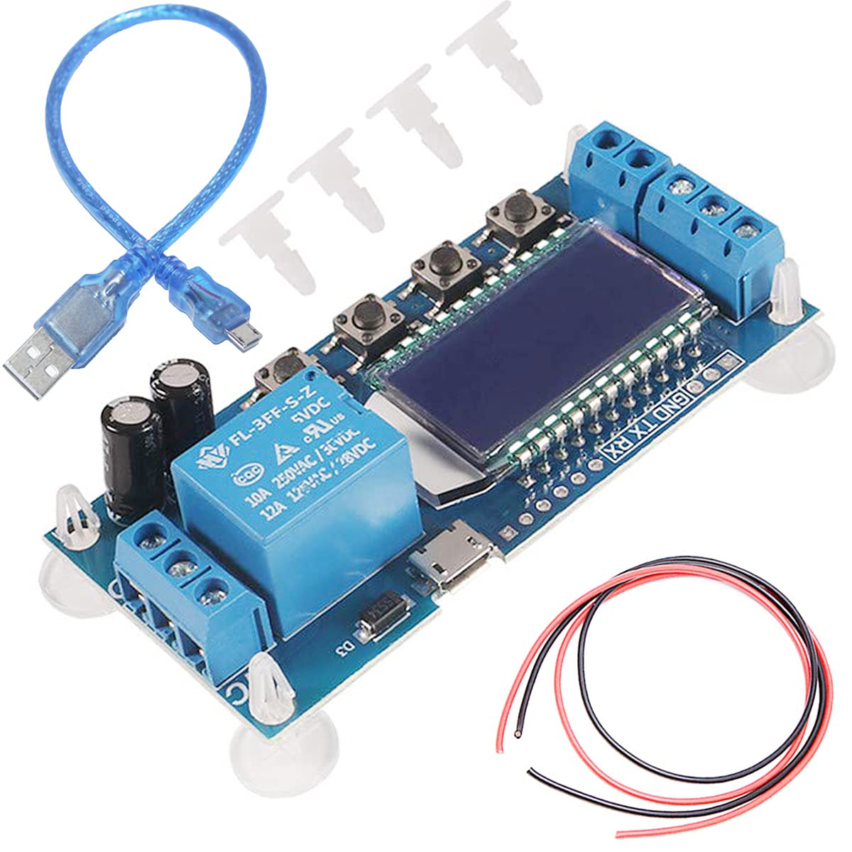 Płyta kontrolera przekaźnika z opóźnieniem czasowym Youmile, moduł przekaźnika USB, płyta kontrolera opóźnienia 6-30V, przełącznik z timer LCD, wsparcie z kablem Micro USB, biała podkładka bazowa